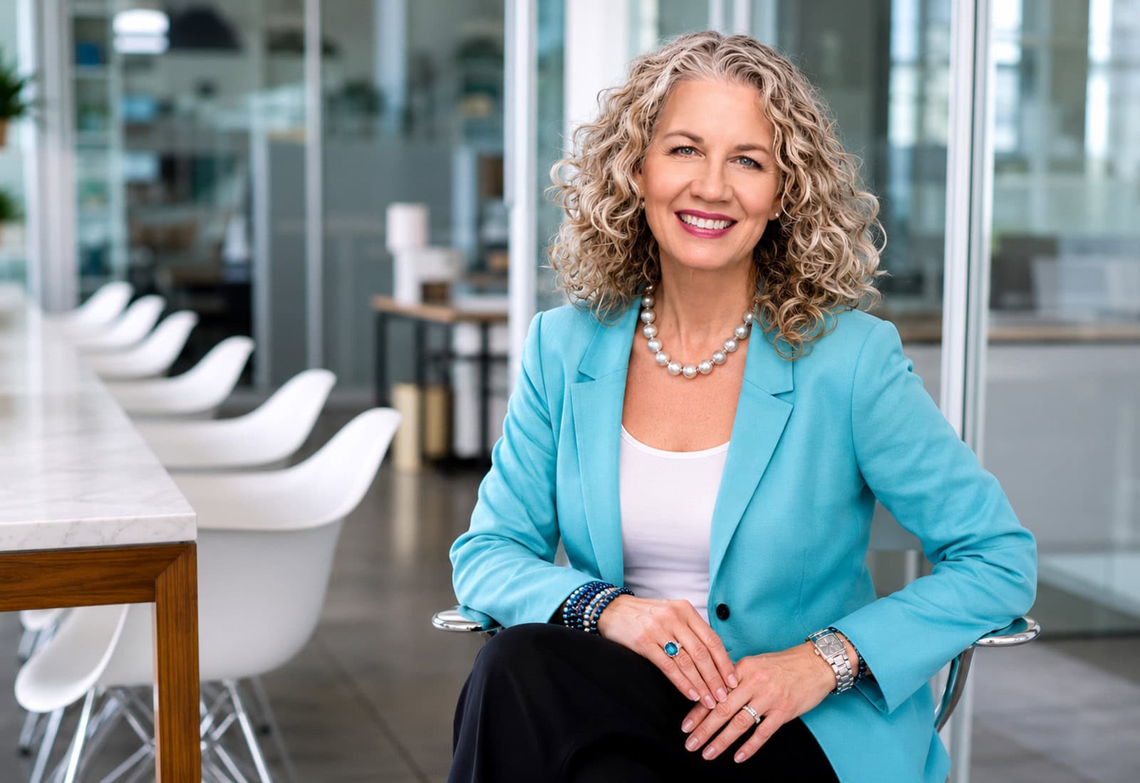 Confident woman smiling in modern office setting.