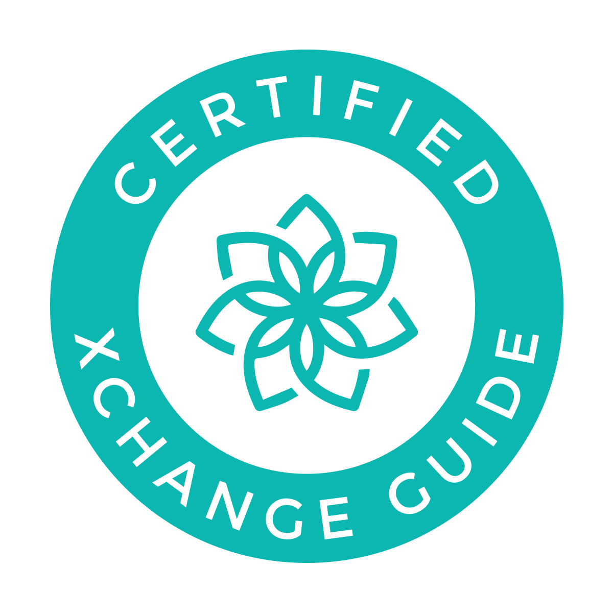 Circular logo with a stylized flower in the center and text around the edge.
