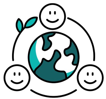 Illustration of three smiling faces connected around the Earth.