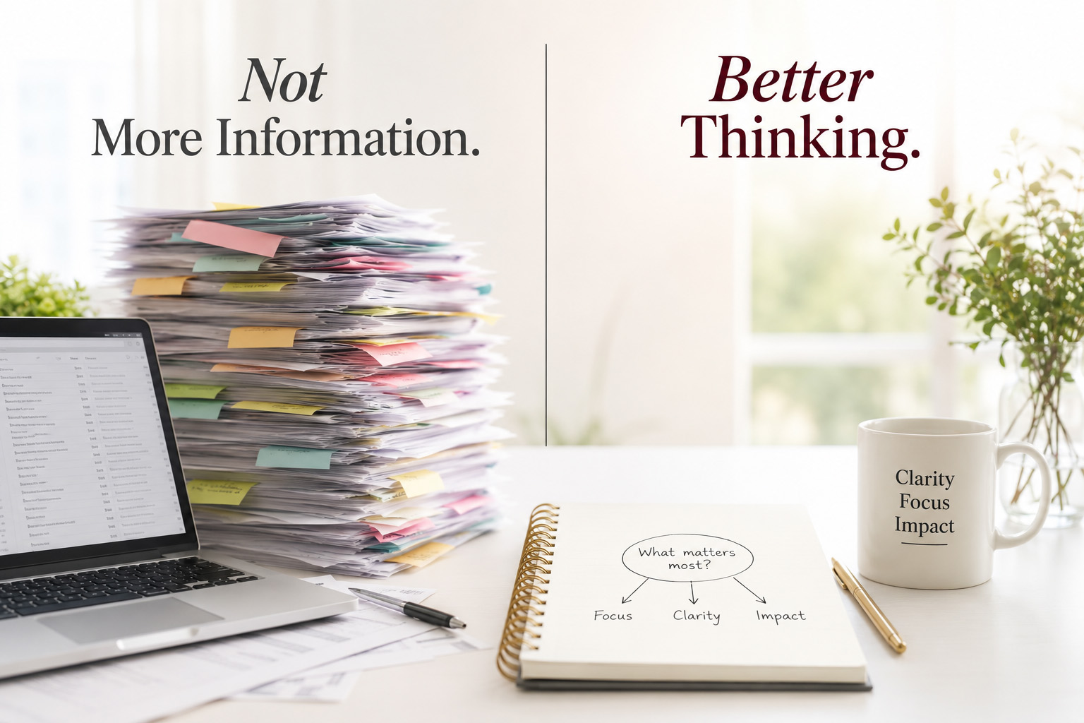 Cluttered desk with piles of papers, laptop, and a notebook with a diagram.